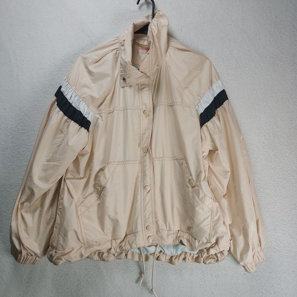 FP Movement Free People Womens Snap Jacket Cream Ruffle Hem Ruched Sleeve XS